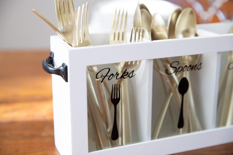 BLU MONACO White Wooden Cutlery & Utensil Caddy | Flatware Organizer for Forks, Spoons & Knives | Portable Silverware Holder with Handles â€“ Kitchen Countertop or Table Organizer, 12 x 3 x 6 in - Image 5
